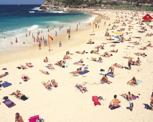 המון אנשים יושבים על מגבות בחוף הים בסידני.חופשה בסידני